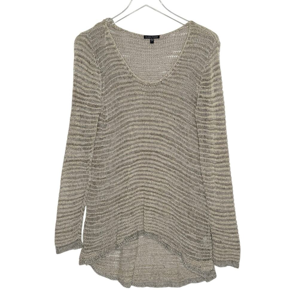 Eileen Fisher L Womens V Neck Metallic Knit Sweater Natural Tan Linen Blend